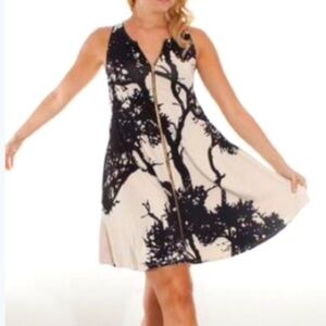 Anthropologie Bel Kazan Zip Front Tree Design Cream & Black A-line Mini, size M